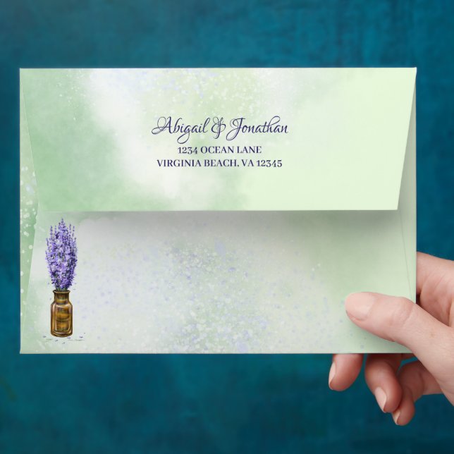 Lavender Flowers on Sage Green Floral Wedding Envelope (Hand)