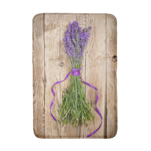Lavender Flowers On Wooden Table Background Bath Mat