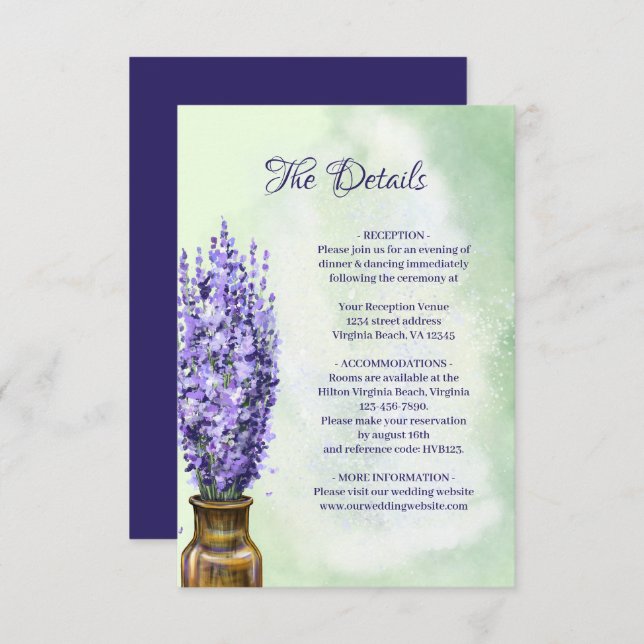 Lavender Flowers Sage Green Floral Wedding Details Enclosure Card (Front/Back)
