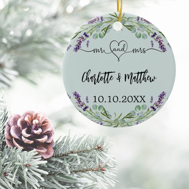 Lavender flowers sage green mr mrs newly weds ceramic tree decoration (Creator Uploaded)