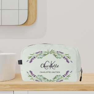 Lavender flowers sage green name monogram dopp kit