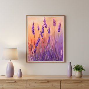 Lavender Flowers Sunset Wall Art Print Poster