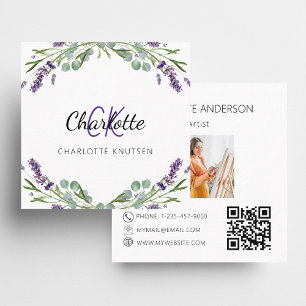 Lavender flowers violet monogram photo QR code Square Business Card