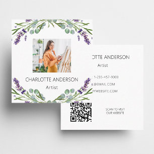 Lavender flowers violet photo QR code Square Business Card