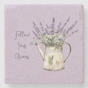 Lavender Flowers Watering Can Stone Coaster