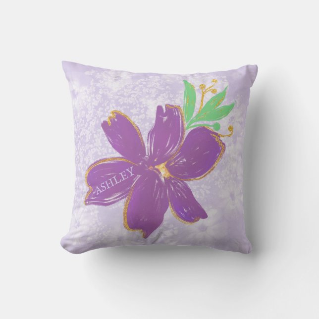 Lavender Flowers With Gold Border Cushion (Front)