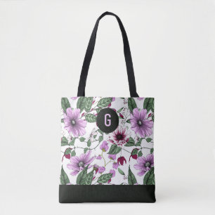 Lavender flowers with green leaves custom monogram tote bag