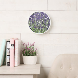 Lavender Flowers with Heart Symbols Floral Wall Clock
