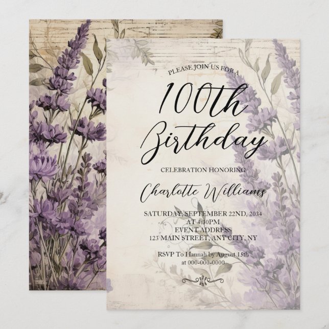 Lavender Flowers Women 100th Birthday Invitation (Front/Back)