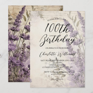 Lavender Flowers Women 100th Birthday Invitation