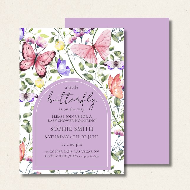 Lavender Fluttering Butterfly Greenery Baby Shower Invitation (Creator Uploaded)