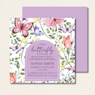 Lavender Fluttering Butterfly Greenery Square Invitation