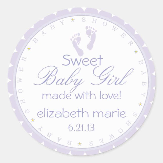 Lavender Footprints- Baby Shower Classic Round Sticker (Front)