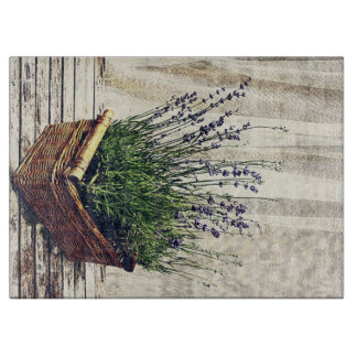 lavender fragrant flowers in a basket cutting board
