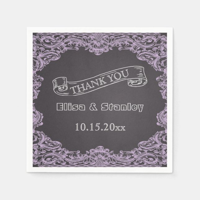 Lavender frame and chalkboard wedding Thank You Napkin (Front)