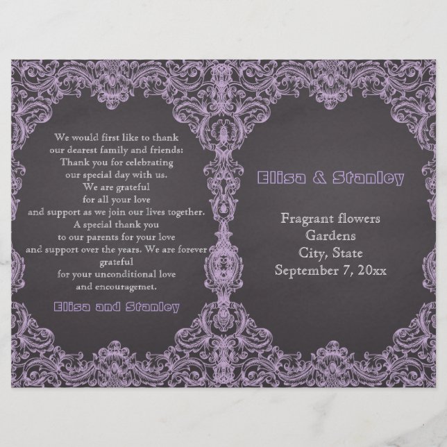 Lavender frame, chalkboard folded wedding program (Front)