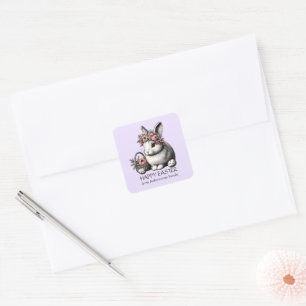 Lavender Fresh Floral Wreath Easter Bunny Rabbit Square Sticker
