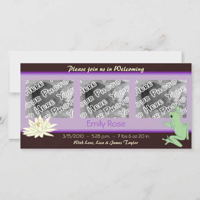Lavender Frog and Lotus Birth Announcements (Front)