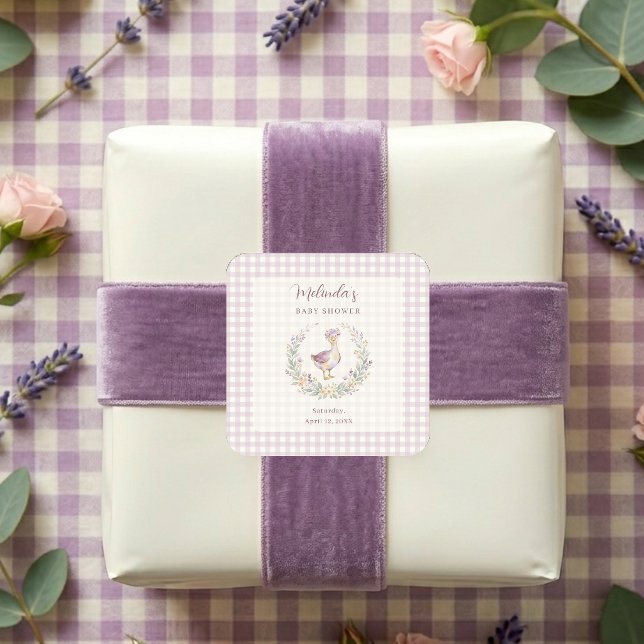 Lavender Gingham Goose Envelope Seal LPM26 (Whimsical Baby Shower Square Sticker Featuring a Watercolor Effect Goose)