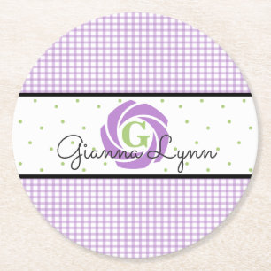 Lavender Gingham Monogrammed Round Paper Coaster