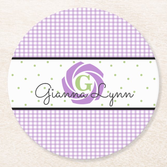 Lavender Gingham Monogrammed Round Paper Coaster (Front)