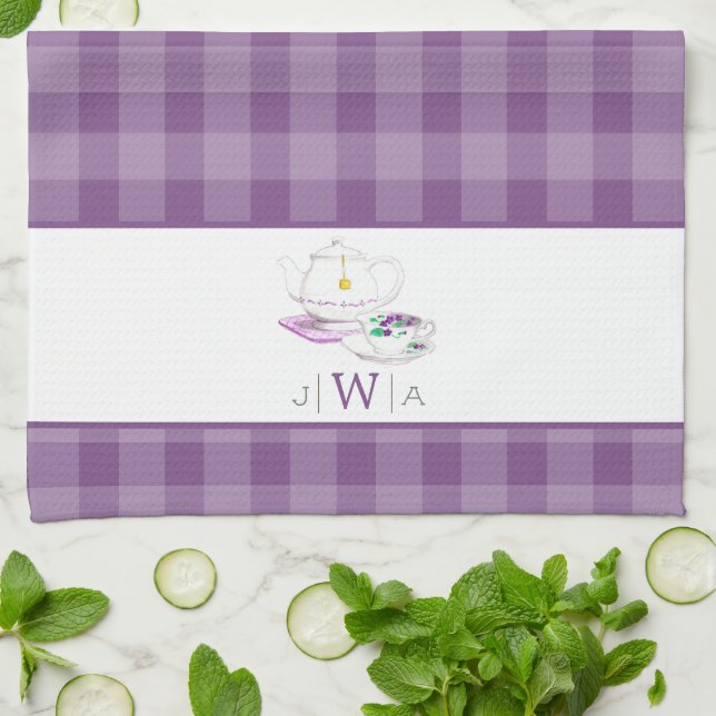Lavender Gingham Monogrammed Tea Party Towel (Folded)
