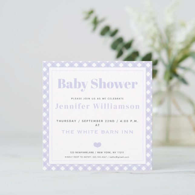 Lavender Gingham Pattern Baby Shower Invitation (Standing Front)