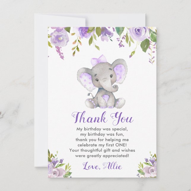 Lavender Girl 1st First Birthday Elephant Purple Thank You Card (Front)