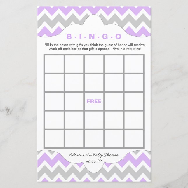 Lavender girl Bingo purse baby shower TWO GAME SET (Front)