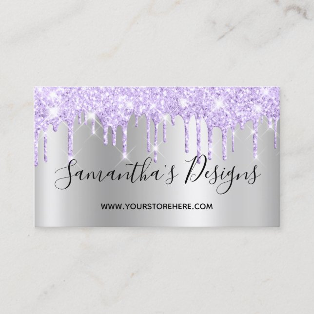 Lavender Glitter Drips Silver Ombre Online Store Business Card (Front)