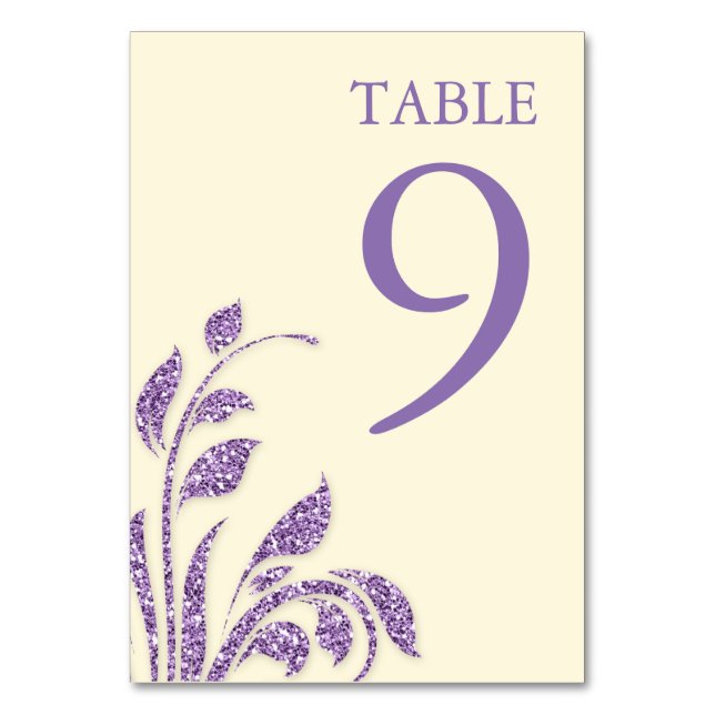 Lavender Glitter Leaves Wedding Table Number Card (Front)