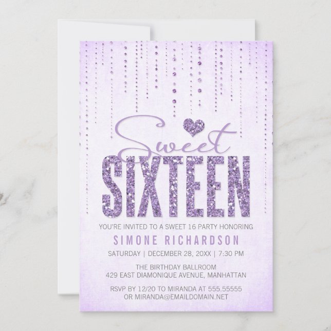 Lavender Glitter Look Sweet 16 (Sixteen) Party Invitation (Front)