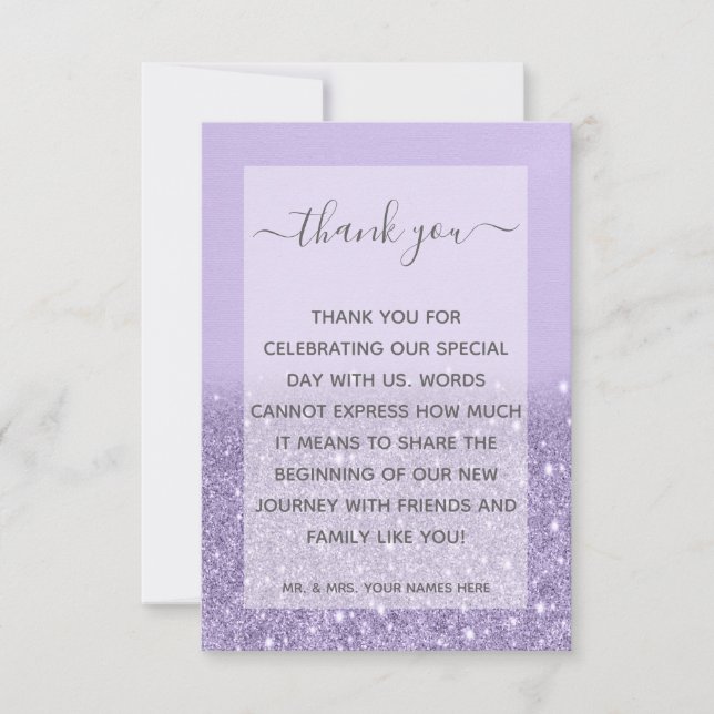 Lavender Glitter Modern Wedding Thank You Card (Front)
