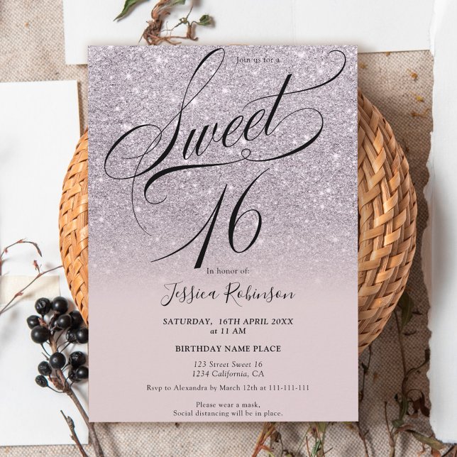 Lavender glitter ombre chic script purple Sweet 16 Invitation (Creator Uploaded)