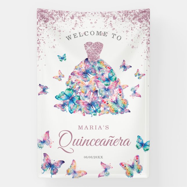 Lavender Glitter Pink Butterfly Gown Quinceañera Banner (Vertical)