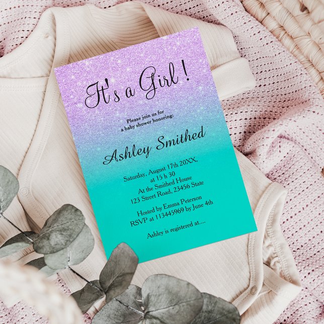 Lavender glitter turquoise ombre girl baby shower invitation (Creator Uploaded)