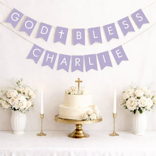 Lavender God Bless 7 Letter Name Baptism Communion Bunting