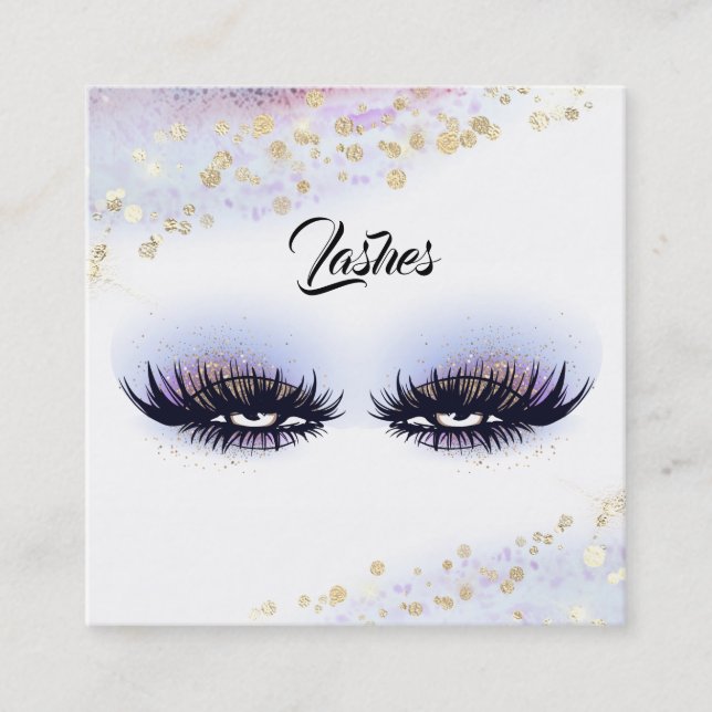*~* Lavender Gold Abstract Pastel Glitter Lashes Square Business Card (Front)