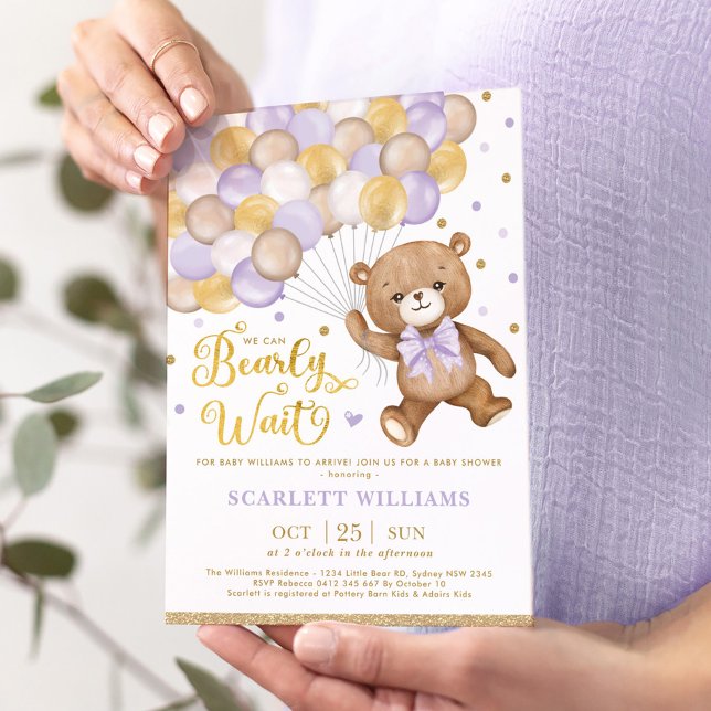 Lavender Gold Brown Teddy Bear Girl Baby Shower Invitation (Creator Uploaded)