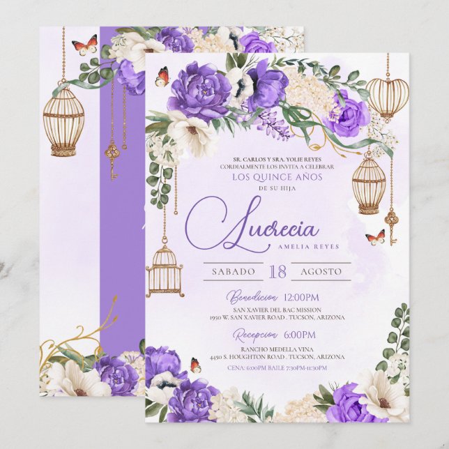 Lavender Gold Butterfly Floral Elegant Quinceañera Invitation (Front/Back)