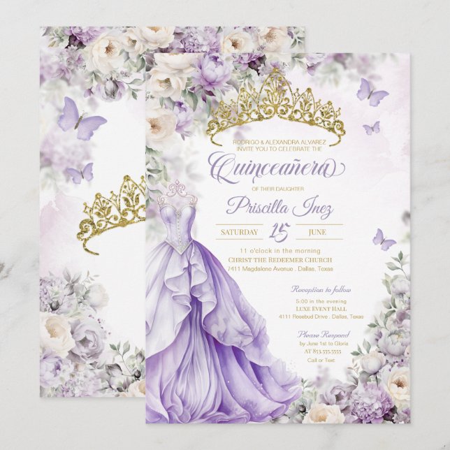 Lavender & Gold Butterfly Princess Quinceañera Invitation (Front/Back)