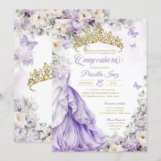 Lavender & Gold Butterfly Princess Quinceañera Invitation