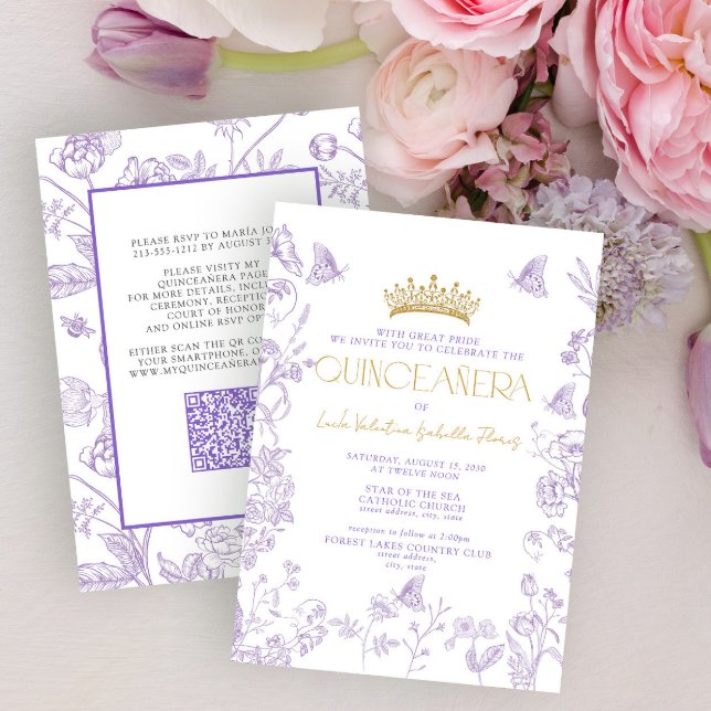 Lavender Gold Butterfly QR Quinceañera Quince Años Invitation (Creator Uploaded)
