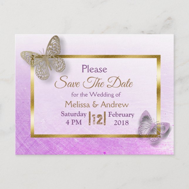 Lavender & Gold Butterfly Save the Date Postcards (Front)