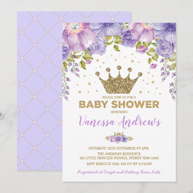 Lavender Gold Crown Princess Floral Baby Shower Invitation (Front/Back)