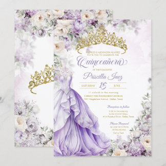 Lavender Gold Elegant Gown Princess Quinceañera Invitation