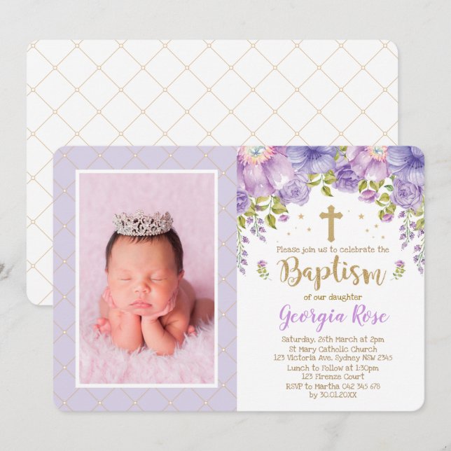 Lavender Gold Floral / Girl Baptism Christening Invitation (Front/Back)