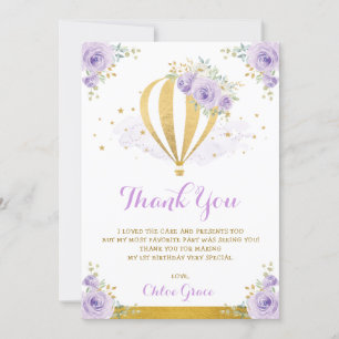 Lavender Gold Floral Hot Air Balloon Birthday Thank You Card