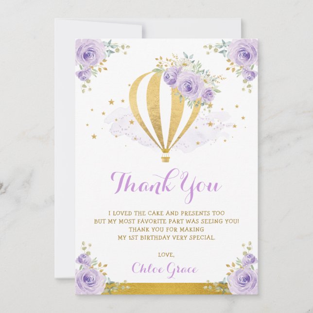 Lavender Gold Floral Hot Air Balloon Birthday Thank You Card (Front)