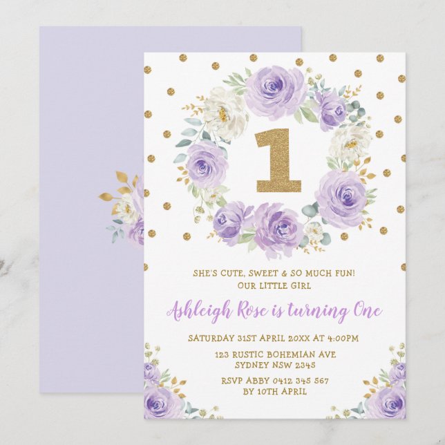 Lavender Gold Floral Rose 1st Birthday Tea Party Invitation (Front/Back)